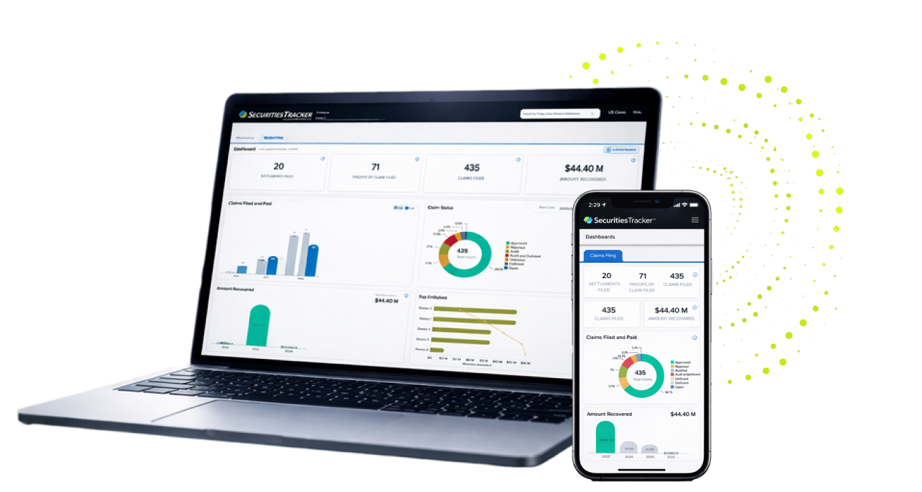 Laptop and smartphone displaying a dashboard with charts and graphs on a black background. Bright green dots form a spiral pattern on the right.