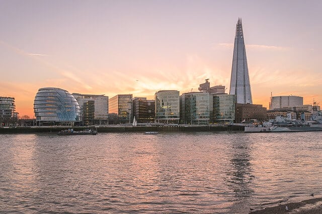London skyline at sunset with The Shard, City Hall and HMS Belfast along the River Thames