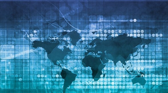 Digital world map with a blue-green color scheme, featuring abstract grids and circular patterns. Conveys a theme of global connectivity and technology.