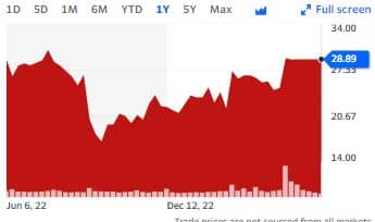 One-year stock chart showing price fluctuations between 14 and 34 with current value 28.89