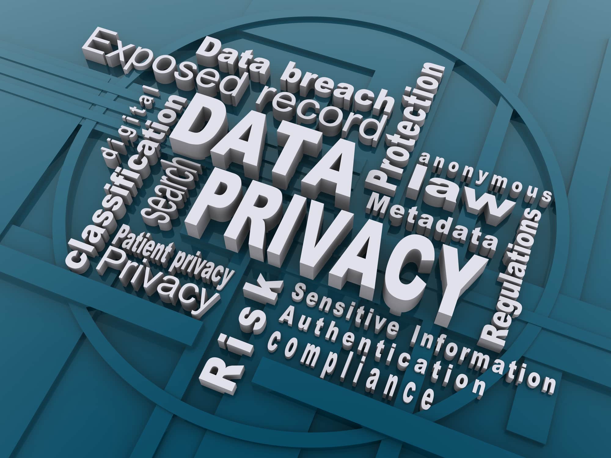 Data privacy 3D word cloud with terms like risk, protection and regulations