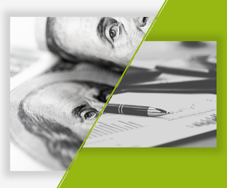 Green diagonal graphic with U.S. currency background