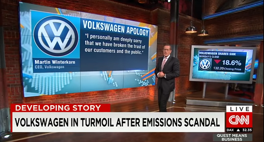 News screenshot referencing Volkswagen and emissions scandal coverage.