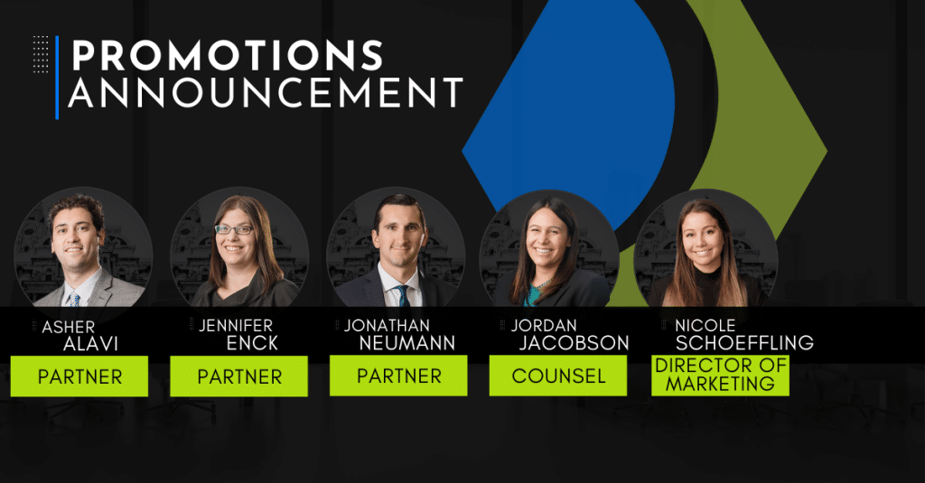 Promotions announcement graphic featuring multiple attorneys.