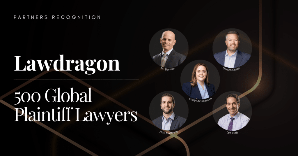 Similar “Lawdragon 500 Global Plaintiff Lawyers” recognition graphic.