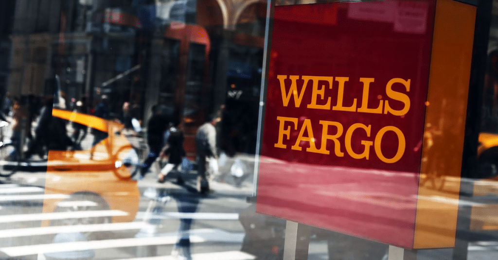 Wells Fargo bank signage on city street.