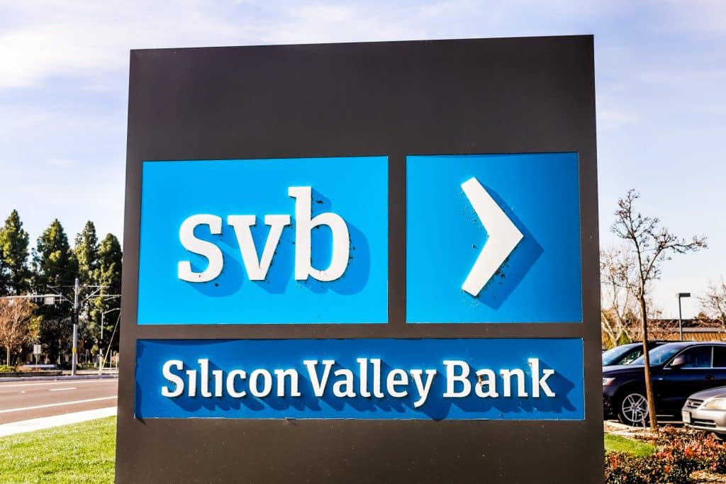 Silicon Valley Bank (SVB) office sign outdoors.