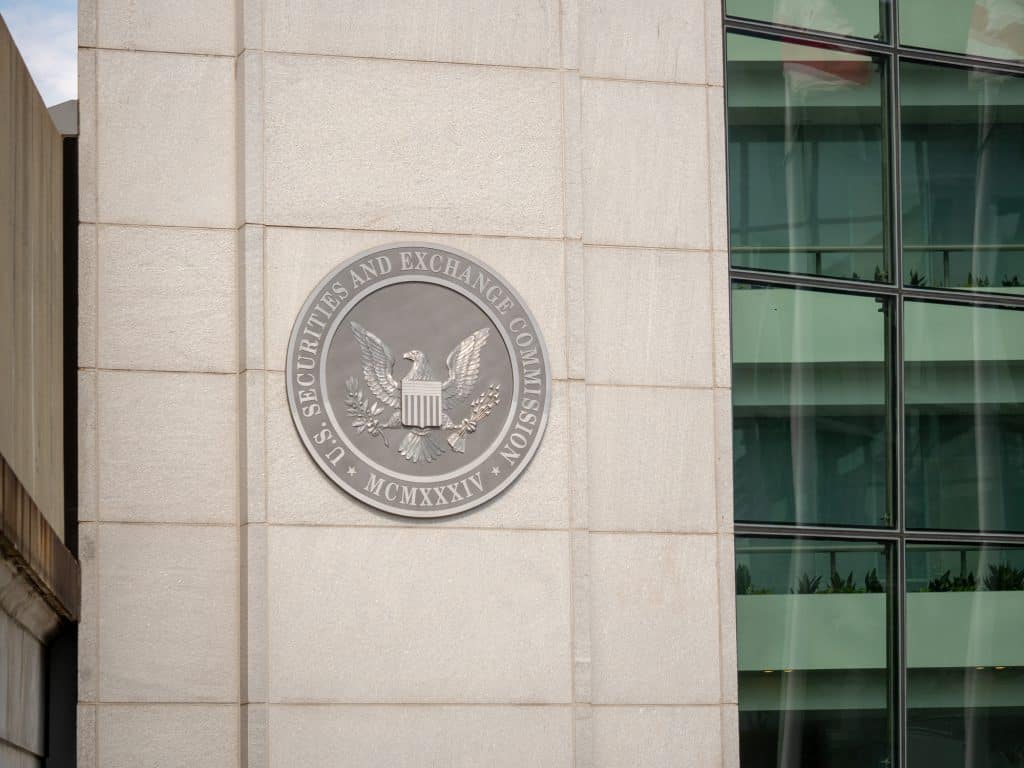 U.S. Securities and Exchange Commission (SEC) seal on building facade.