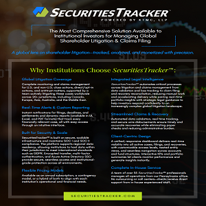 “Securities Tracker” webpage or dashboard screenshot with dark theme and text blocks.