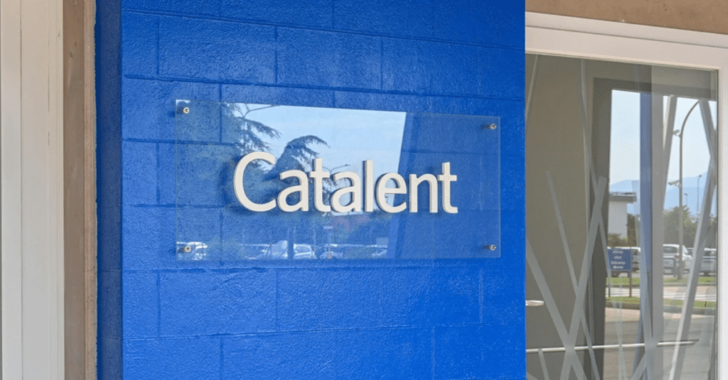 Catalent corporate office sign at building entrance.