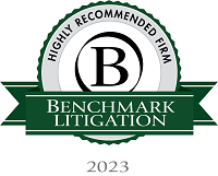 Green “Benchmark Litigation – Highly Recommended Firm 2023” badge.