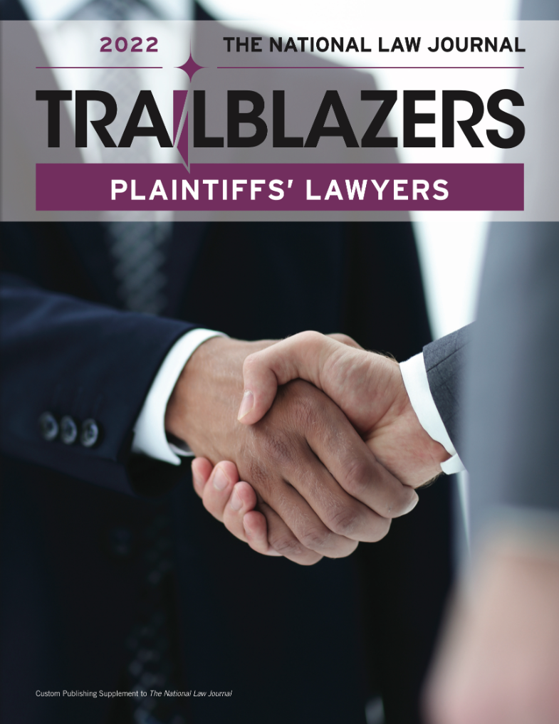 “Trailblazers – Plaintiffs’ Lawyers” graphic with close-up of two people shaking hands.