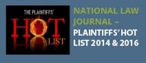 The National Law Journal Plaintiffs’ Hot List award badge for 2014 and 2016.