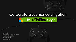 Presentation slide titled “Corporate Governance Litigation – The Activision Saga” with Microsoft and gaming controller imagery.