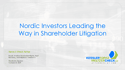 Presentation slide titled “Nordic Investors Leading the Way in Shareholder Litigation” with Kessler Topaz Meltzer & Check branding.
