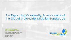 Presentation slide titled “The Expanding Complexity and Importance of the Global Shareholder Litigation Landscape” with Kessler Topaz Meltzer & Check branding.