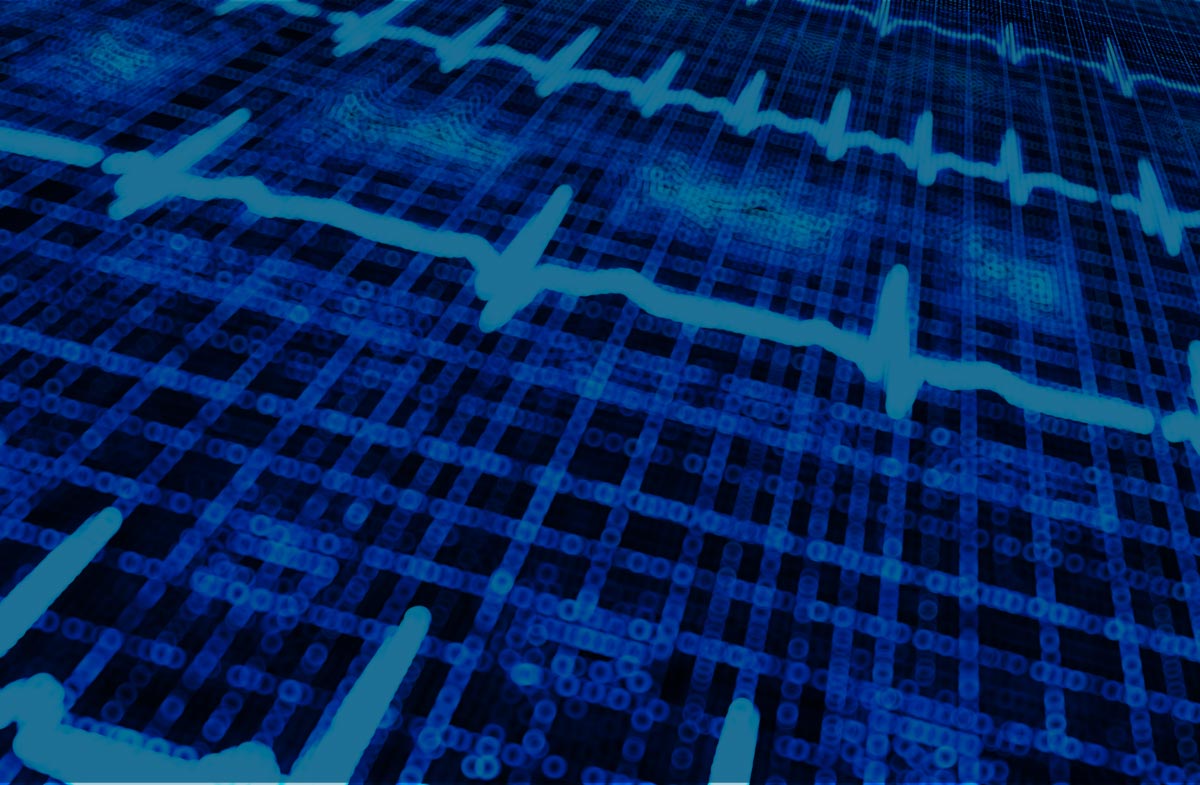 A blue background featuring a repeating heartbeat pattern in a contrasting color.