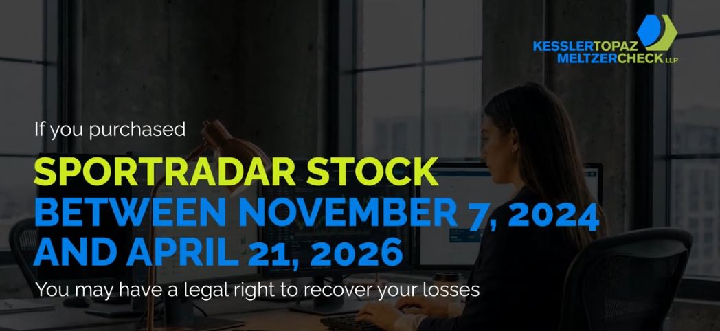 A woman works at a computer in an office; overlaid text discusses legal rights for Sportradar stock purchases between November 7, 2024, and April 21, 2026.